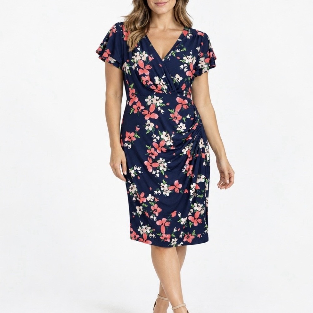 Ralph Lauren Blue Coral Floral Flutter Sleeve Stretch Sheath Dress Size 14